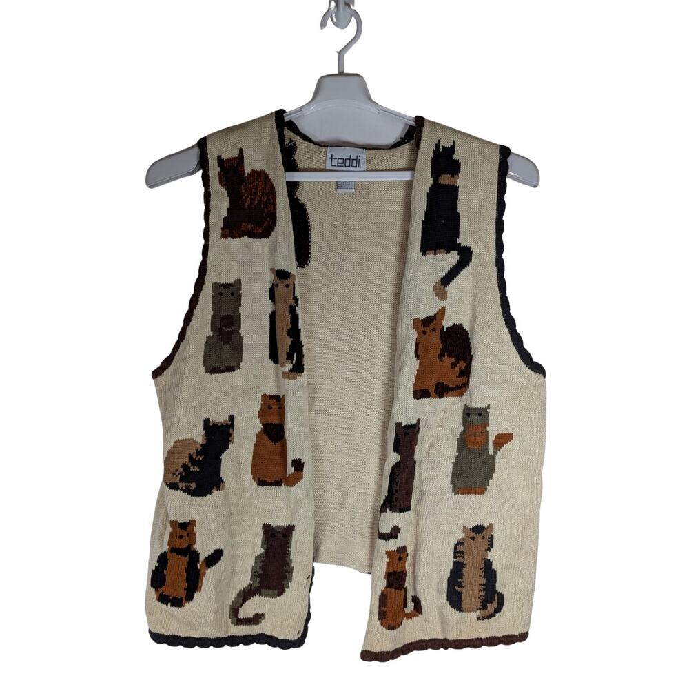 Vintage Teddi Cat Feline Cotton Blend Sweater Vest Animal Graphic Womens Size XL
